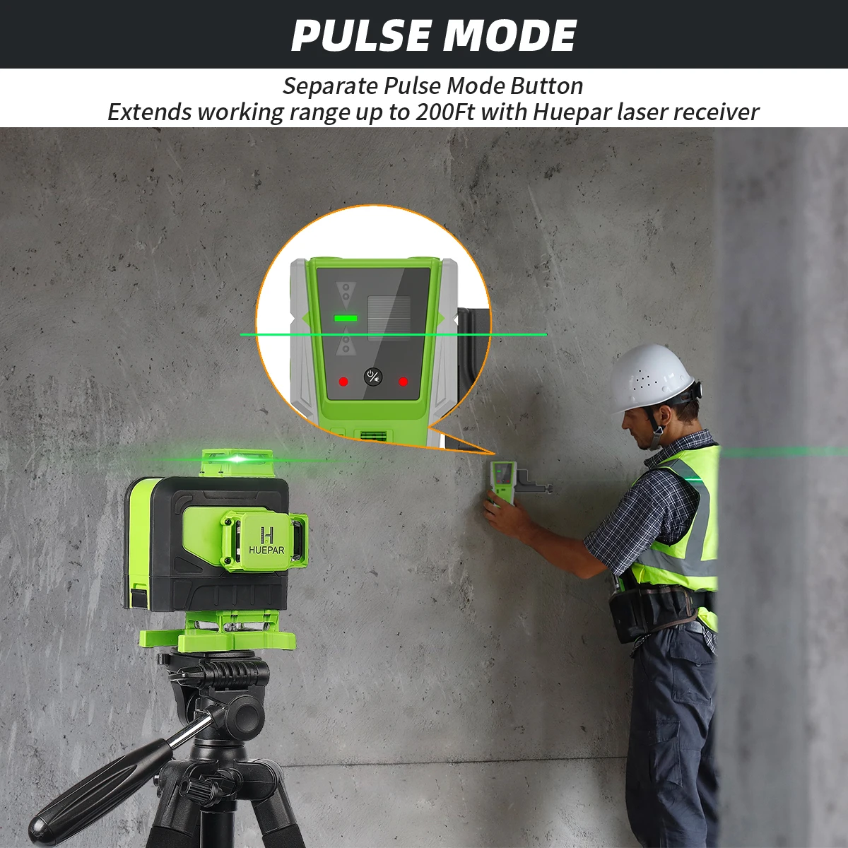 Imagem -05 - Cross Line Laser Level Grupo Controle Remoto Feixe Verde com Receptor Laser Tripé Telêmetro para Piso Telhas 16 Linhas Huepar4d