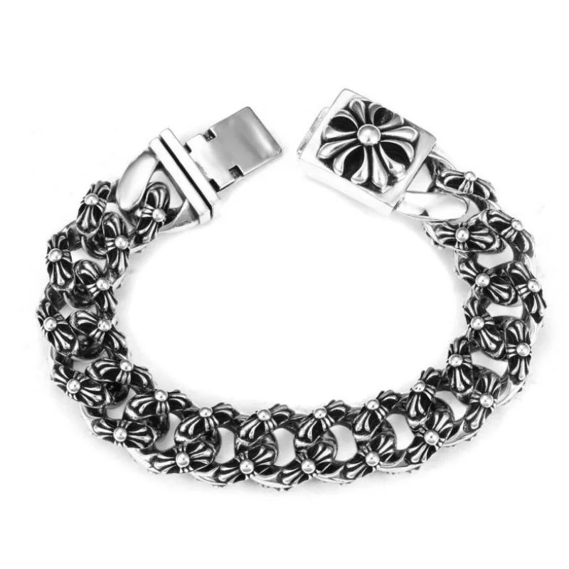 

Vintage Silver Full Cross Flower Link Bracelet: Diamond-Accent Dual Clasp Statement Jewelry