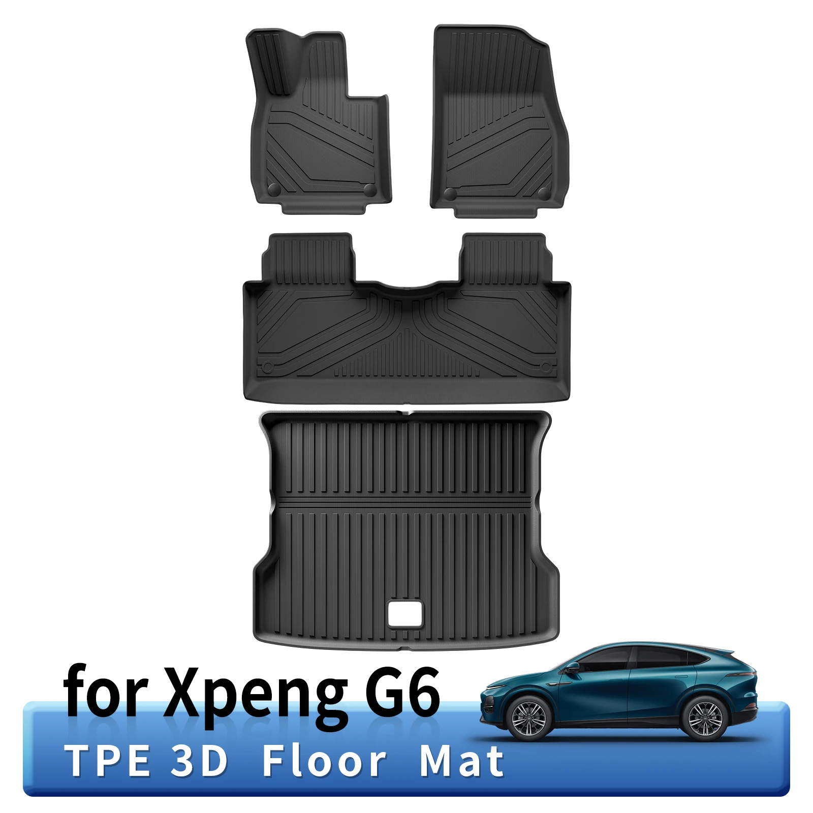 for Xpeng G6 Car Floor Mats Cargo Liner Trunk Pad TPE 3D Foot Mat Waterproof Odorless Tray Set BLACK 