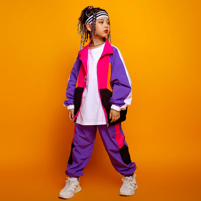 Kid Hip Hop Clothing Running Color Block Jacket Zip Up Top Coat Loose Streetwear Pants for Girls Boys Jazz Dance Costume Clothes