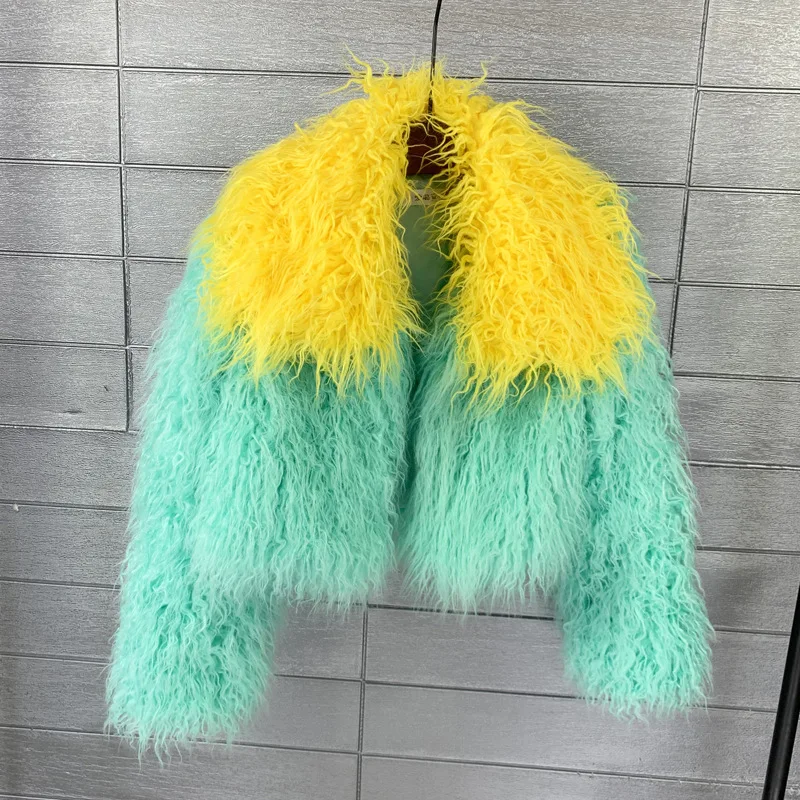 Color-Block Faux Wool Faux Fur Sheep Wool Lapel Short Cardigan Women's Coat