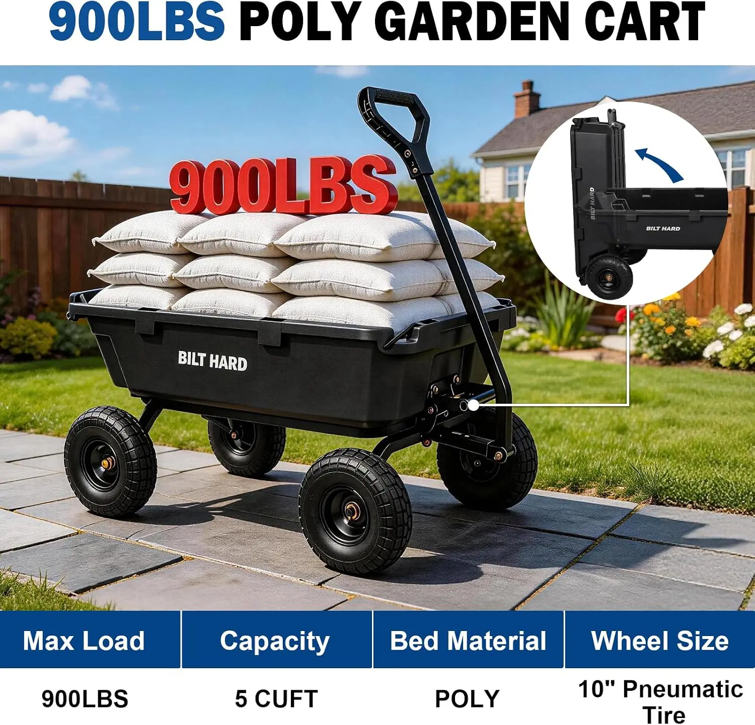 Heavy Duty Poly Garden Dump Cart, 5 Cu. Ft. Wheelbarrow Utility Wagon with 900 lb Capacity, 10-Inch All-Terrain Wheels and Quick-Release System for Yard, Farm and Garden