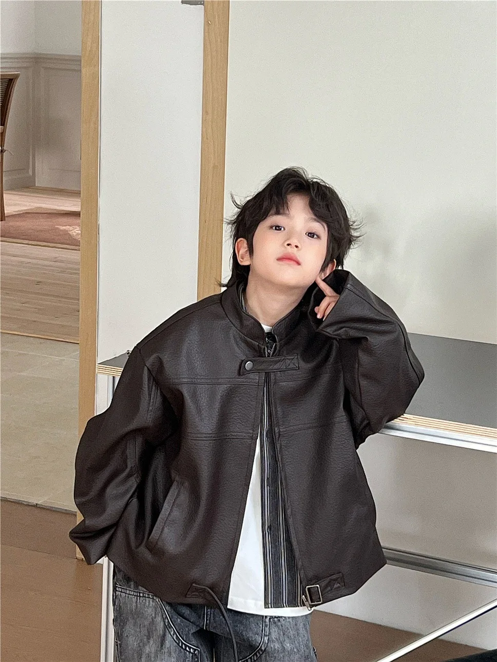 

2025 Autumn/Winter children's clothing stand-up collar retro children's clothing trendy children's boy leather jacket