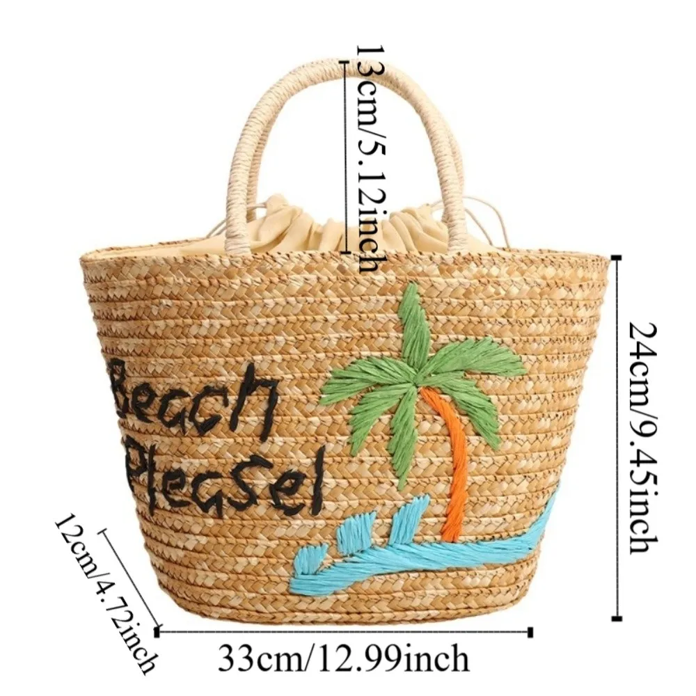 Embroidery String Straw Tote Bags Bohemian Style Sweet Casual Woven Handbags New Design Coconut Tree Design view 6
