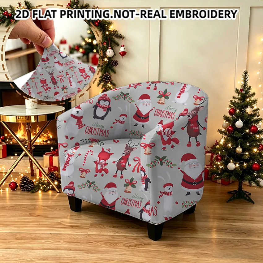 Seamless Christmas Red-Green Santa Snowmen Penguins Printed Armrest Sofa Cover, 2D Printed Elastic Single Club Sofa Cover