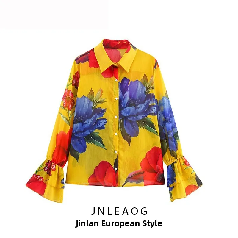 Csa fena de chiffon estampada com mangas sino, estilo casual, foada, com botões, para outono, lançamento.