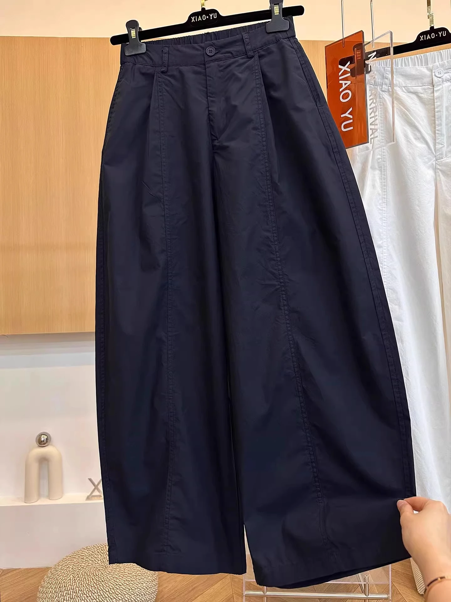 الأبيض عارضة السراويل واسعة الساق المرأة عالية الخصر التخسيس تسع نقاط صغيرة بسيطة فضفاضة سكين السراويل الصيف وصول جديد