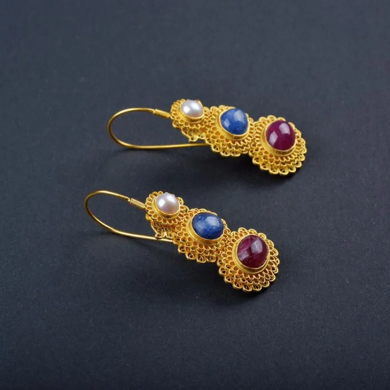 Ancient Chinese Palace Style Gourd Shaped Pearl Gold Plated Elegant Dangle Earrings for Hanfu Traditional Wedding Jewelry Gift