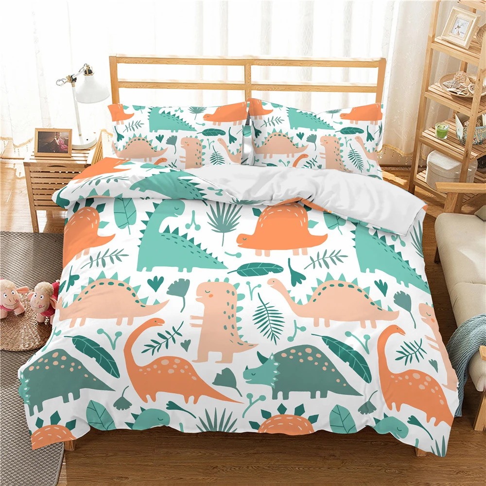 Ensembles de literie en polyester imprimé dinosaure de dessin animé mignon pour enfants, couvre-lit pour garçons, ensemble de linge de lit pour adolescents, taille King, enfants