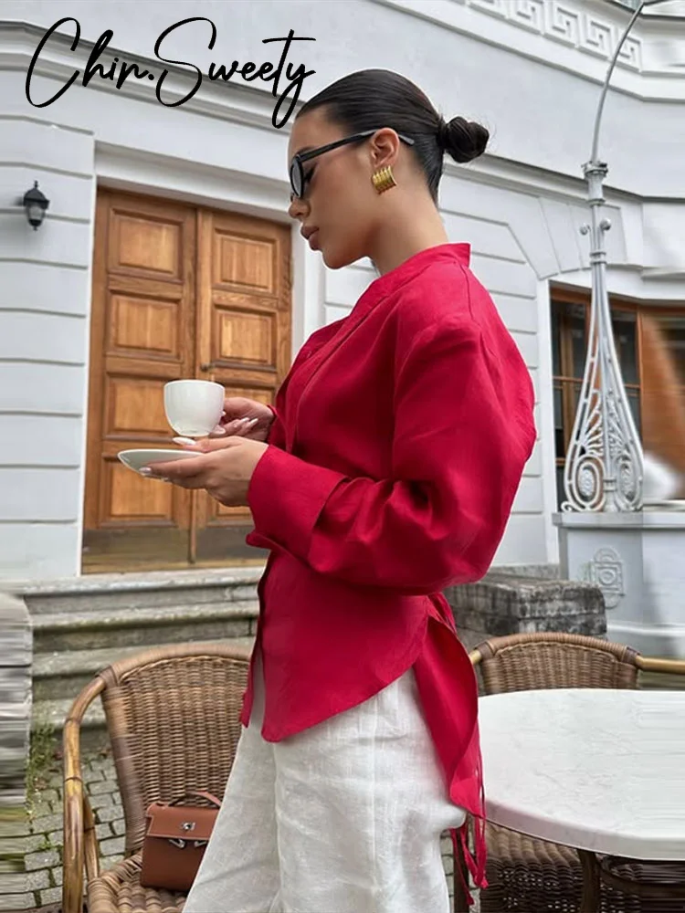 Casual Lace Up frauen Hemd Taille-Geschlossen Volle Hülse Taste Drehen-unten Kragen Dame Bluse 2026 frühling Chic Weibliche Straße Top Neue