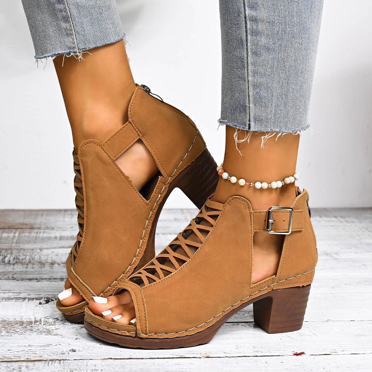 Summer Women Sandals Bundled Wedding Versatile Shoes Thick Heel Chunky High Heels Sandals Open Toe Hollow Cross Shoes Women