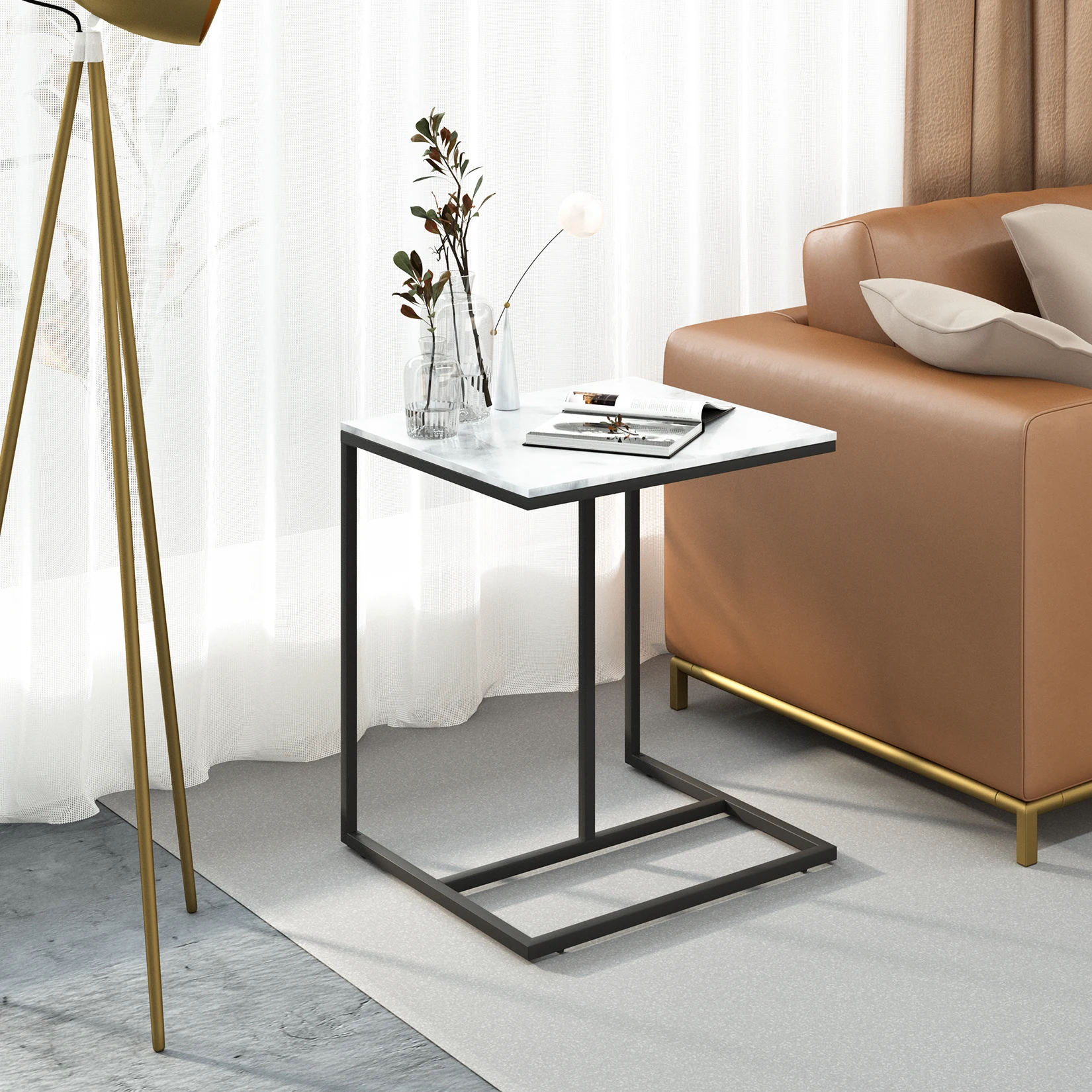 C Shaped Sofa Side Table: Contemporary Living Room End Table Under Couch Sintered Stone Top Metal Frame Fancy Table for Bedroom