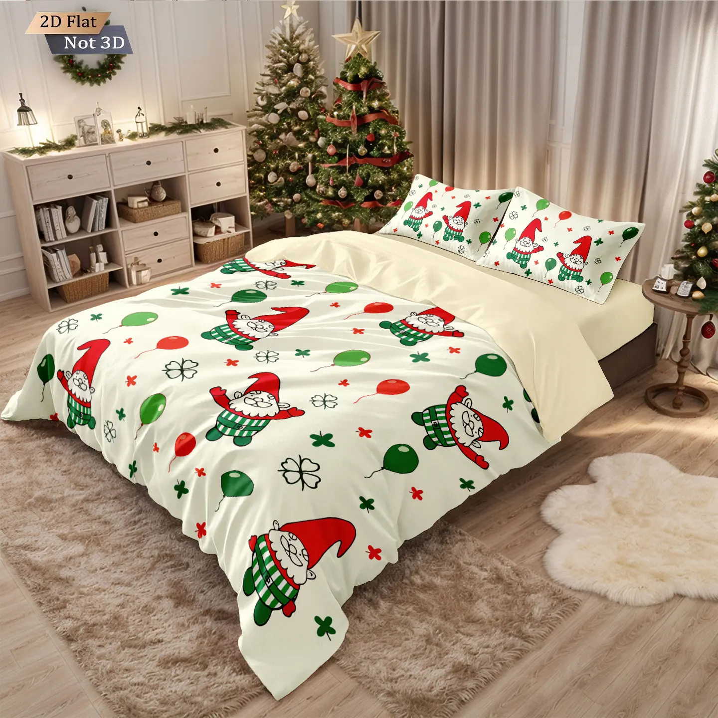 

3pc Christmas gnome print coreless down duvet cover, multiple sizes, soft bedroom bedding decoration, machine washab