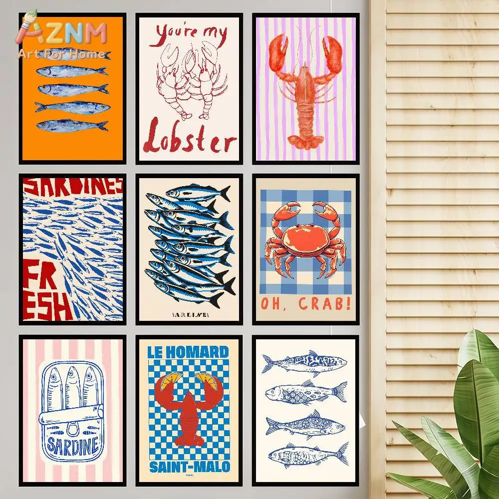 AZNM Retro Seafood Canvas Wall Art Lobster Crab Sardine Fish Checkerboard Vintage Colorful Kitchen Decor Art Print Poster