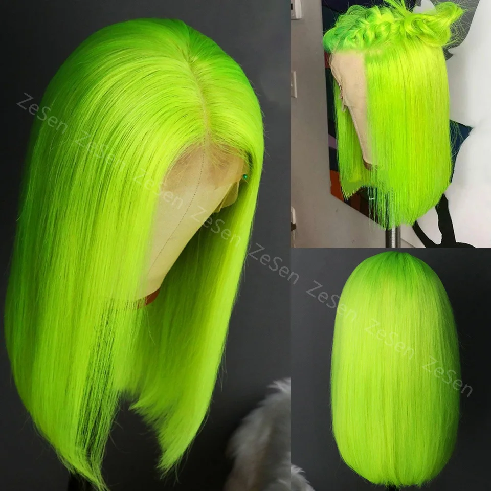 Short Straight Bob Wig Short Lace Front Wigs Green Synthetic Lace Wigs For Black Women Heat Resistant Handmade Natural Hairline