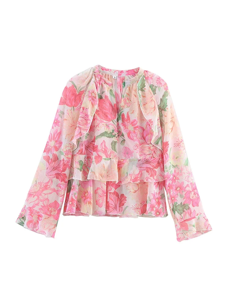 

2025 Women Summer Blouses Shirts Tops Fashion Floral Print Chiffon V-Neck Cascading Ruffle Female Elegant Street Top Clothes