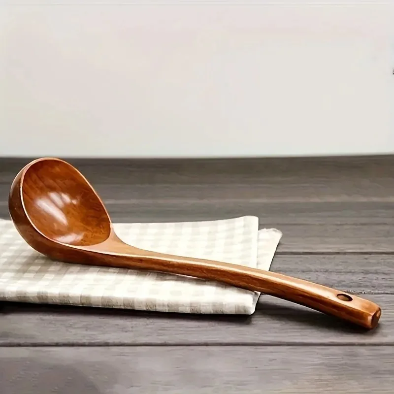 Solid Wood Soup Spoon Long Handle Cooking Ladle Non-scratch Kitchen Utensil Heat Resistant Wooden Serving Spoon for Hot Pot