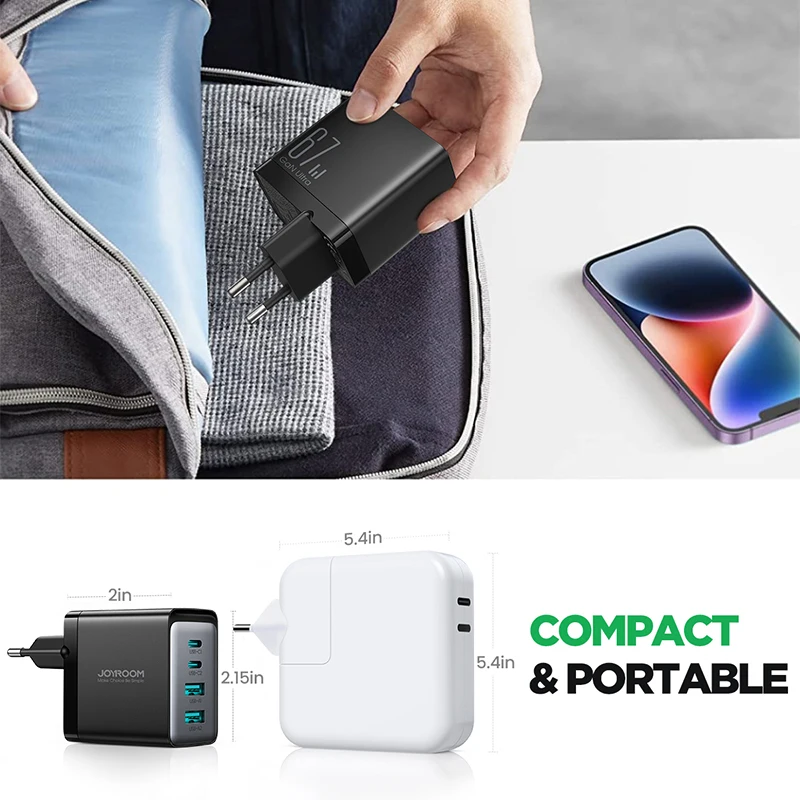 Imagem -04 - Joyroom-usb c Bloco de Carregador Portas Dobrável Parede Gan Carregador Rápido Adaptador para Iphone Macbook Pro Air Ipad Pro Air Galaxy 67w