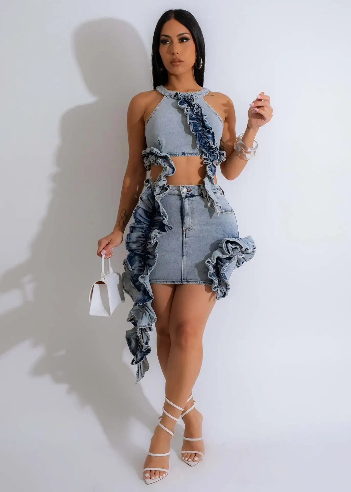 Denim Crop Tops 2 Piece Mini Skirt Sets Women Sexy Cargo Dress Y2K Denim Jean Two Piece Sets Summer Outfits Clothes Ruffle Dress