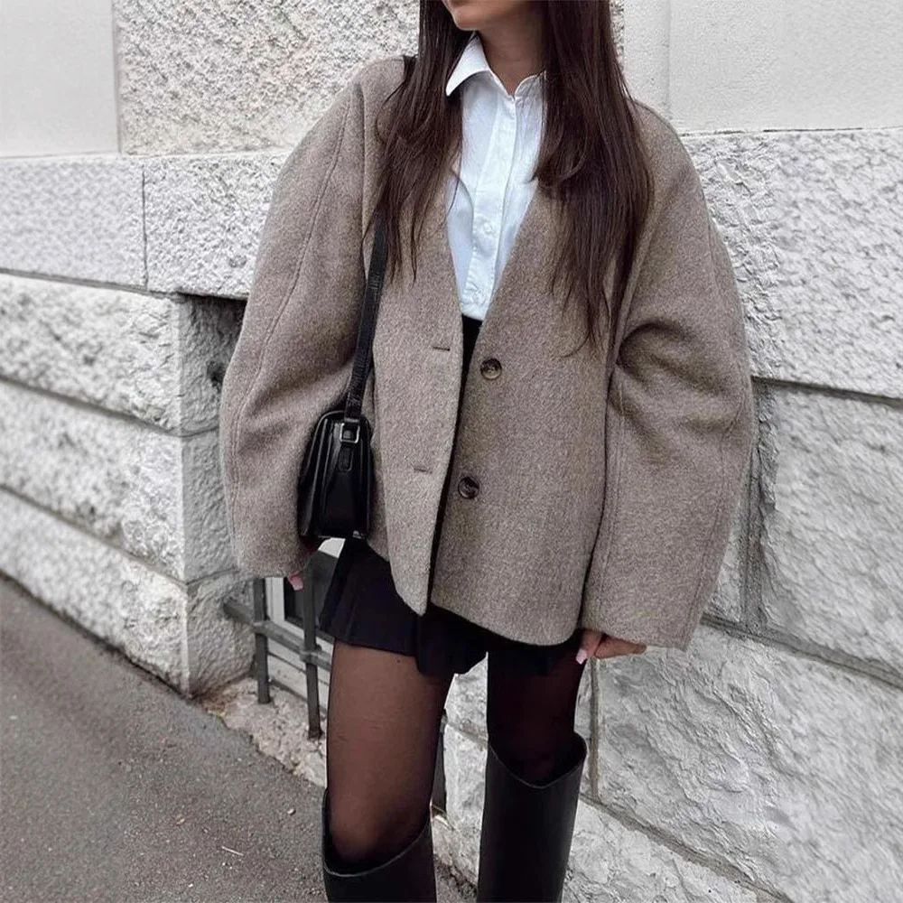 Abrigo de solapa holgado Retro de terciopelo esmerilado marrón gris europeo y americano 2024 otoño e invierno nuevo abrigo de moda de lana para mujer