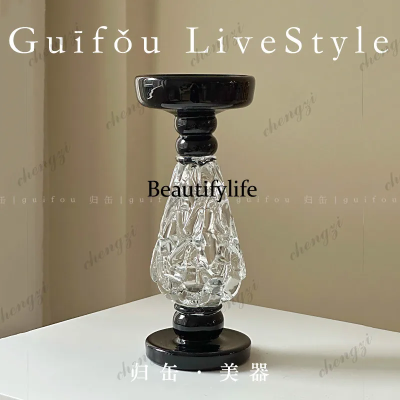Medieval style ornament retro candlestick heavy industry living room black glazed candle tomei French decoration