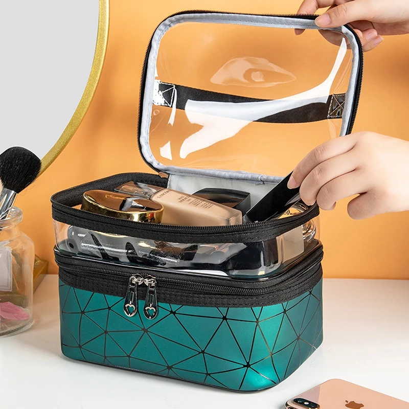 Multifunction Clear Makeup Bag com dois zíperes, impermeável Cosmetic Bag, Feminino Storage Cases, Moda Diamante, Viagem