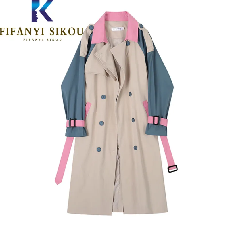 2024 Spring Autumn Long Trench Coat Women Double Breasted Lapel Fashion Patchwork Trench Coat Chic Casual Windbreaker Female