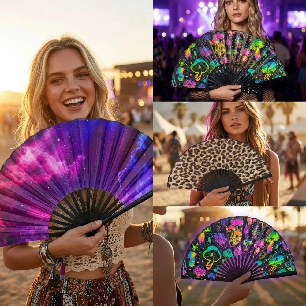 Élégant éventail pliant coloré à dégradé 23 cm, imprimé léopard, grand éventail à main réfléchissant pour événements rave.