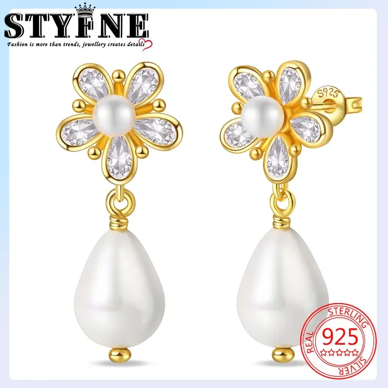 Travel Hobbies 925 Sterling Silver Golden Flower Pearl Stud Earrings Women's  Jewelry For Everyday Wear Couple Style