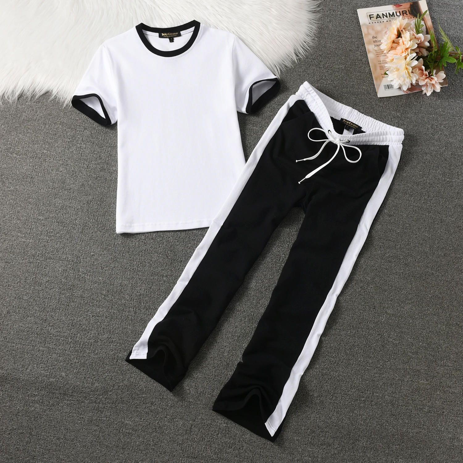 100% Pure Cotton Women\'s Suit, Outdoor Sports Short-Sleeved Suit, Trousers Suit, Casual Color Matching T-Shirt + Sports Trousers