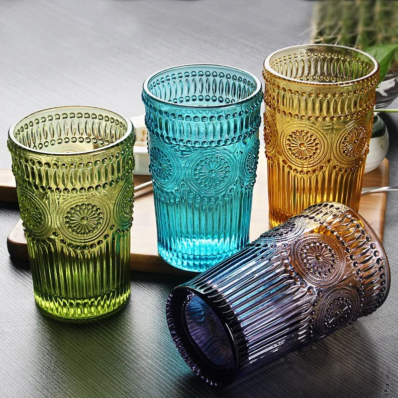 

European Style Water Cup Antique Relief Sunflower Colored Striped Glass Drink Coffee Cup Double Layer Transparent Heat Resistant