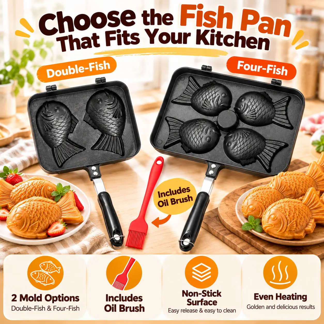 Sartén para Taiyaki con 2/4 orificios, máquina para hacer gofres con forma de pez japonés, molde para pasteles de doble cara, sartén para hornear, apta para cocinas de gas.