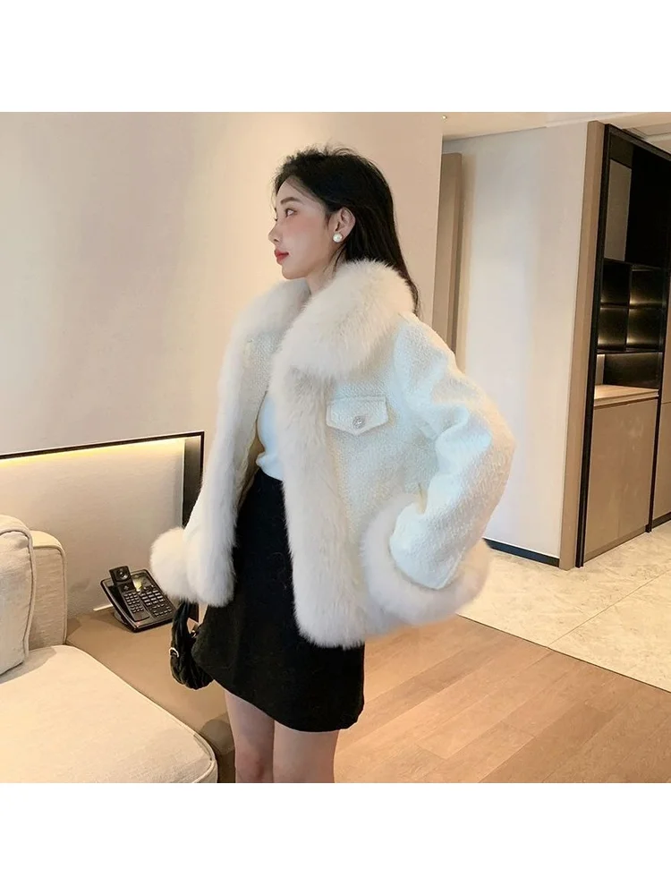 French White Exquisite Solid Color Faux Fur Patchwork Top Coat Sweet Socialite Gentle Elegant Noble Comfortable Fashion Jacket