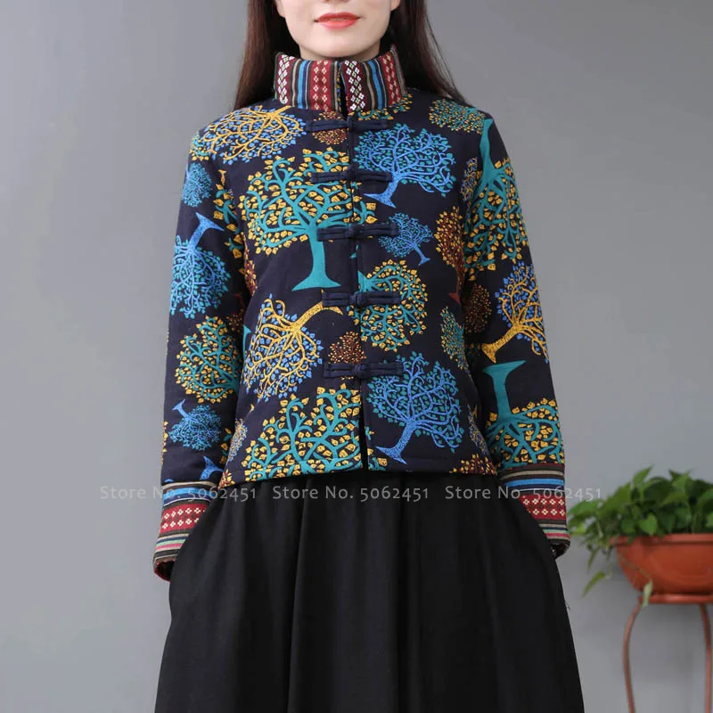 Traditional Chinese Style Autumn Women Cotton Warm Retro Fashion Printed Jackets Cardigan Outerwear Coat Tops Oriental Clothing images - 6