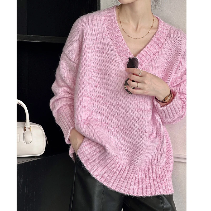 2024 Women Autumn Knitted V-Neck Cardigans Sweater Coat Loose Long Sleeve Women Pink Sweater Tops Winter Clothes