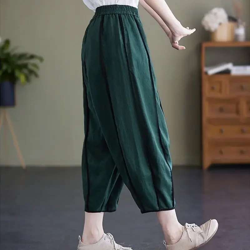 Vintage Harem Pants Women Baggy Spliced Pantalones Temper Classical Aesthetics Tradition Chinese Style Chic Trousers Summer Ins