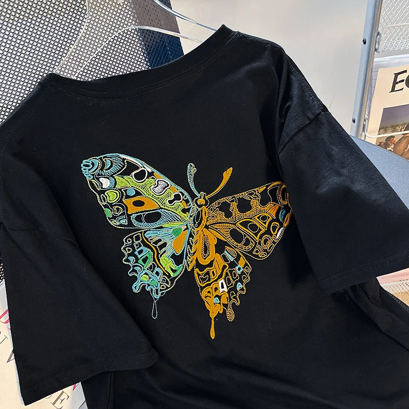 Art Butterfly Embroidery Plus Size Cotton Women T-shirt Y2k Harajuku Streetwear Casual Female Tops 2024 New Summer Cool Lady Tee