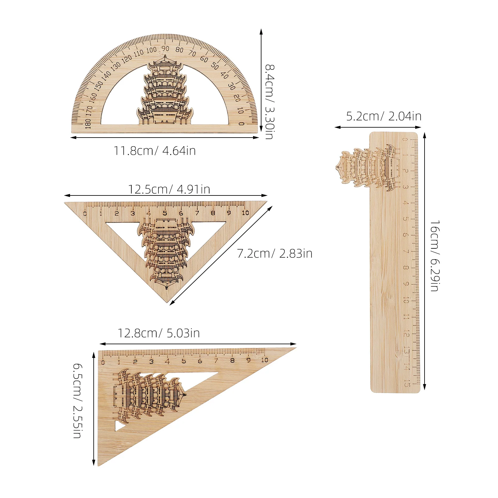 4-delige bamboe liniaalset Chinese gele kraantoren geometrie meetinstrumenten schoolkantoor wiskunde ontwerpset