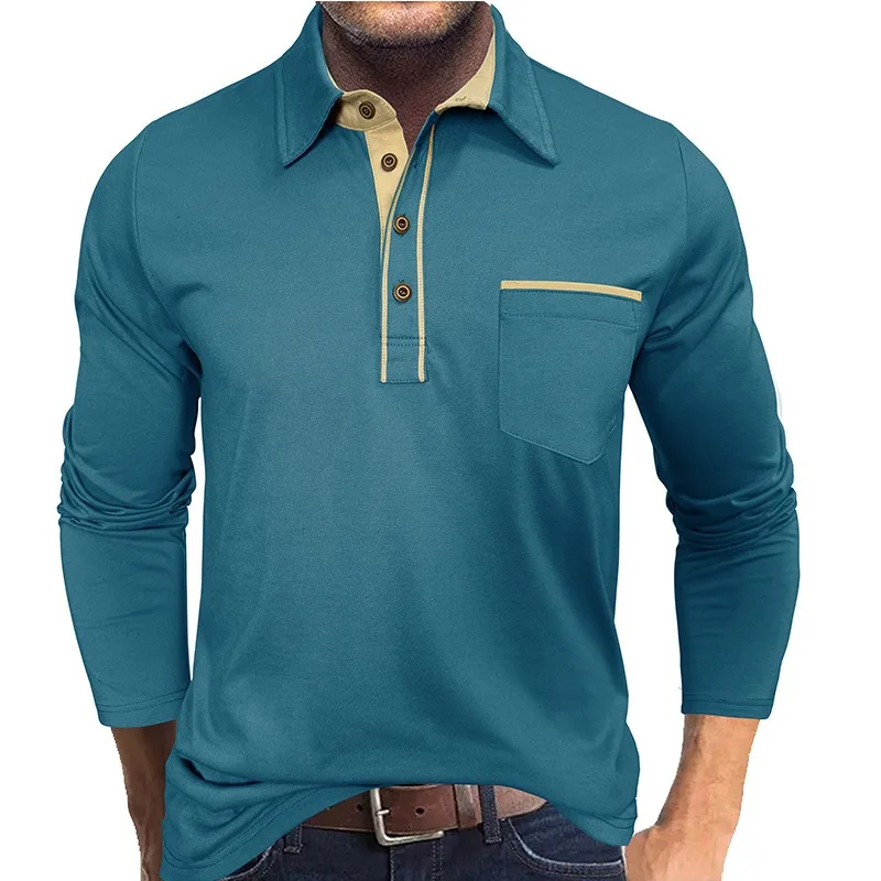 

Men's Lapel Contrasting Color Pocket Long Sleeve Polo Shirt Mens Casual Button Daily T-shirts