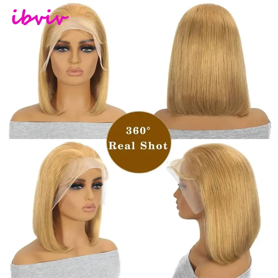 100%人毛 # 27 ハニーブロンドカラーのショートボブ人毛ウィッグ 女性用人毛 13x4 レースフロントボブウィッグ ブラジル人毛