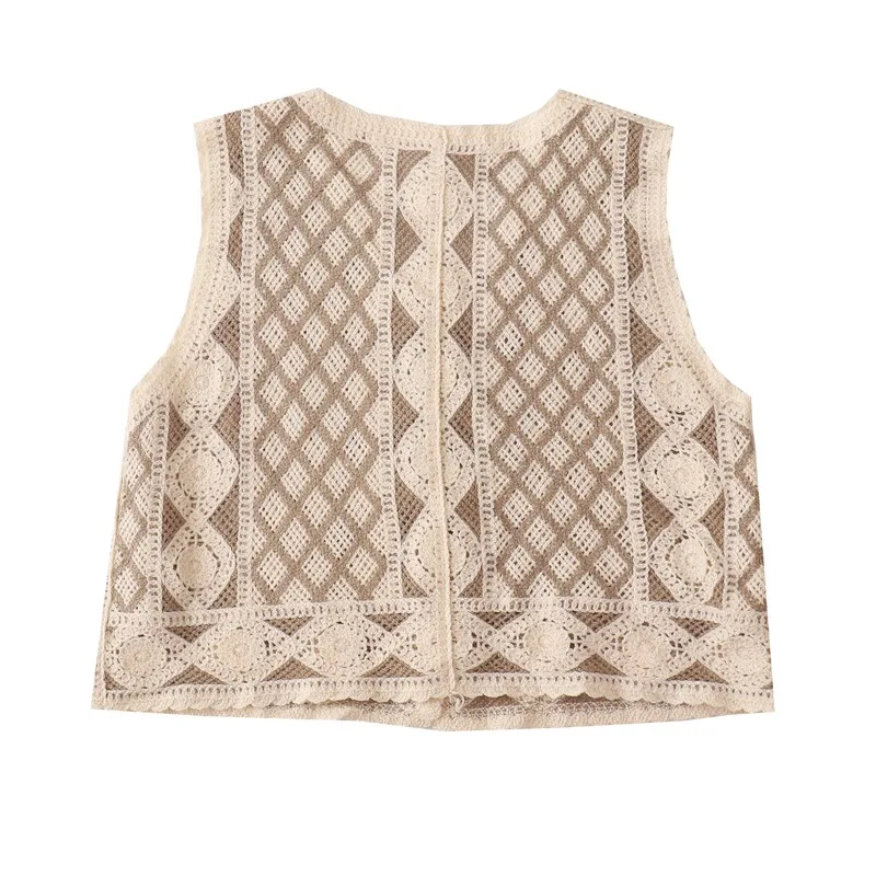 Boho Argyle Button Down Crochet Vest for Women Sleeveless Cardigan Openwork Knit Waistcoat Summer Vintage Vacation Beach Outfit view 6