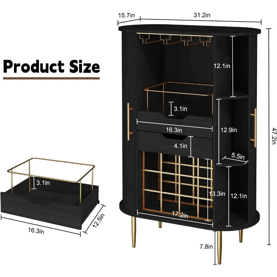 Wine Bar Cabinet with Tambour Door, 16-Bottle Storage, Glass Stemware Rack and Coffee Bar Station, Multi-Functional Cabinet for