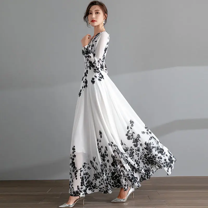 Tinten druck langes Kleid Frauen Frühling Sommer Langarm elegantes Kleid lose übergroße Chiffon Rundhals ausschnitt Urlaub Strand Vestidos