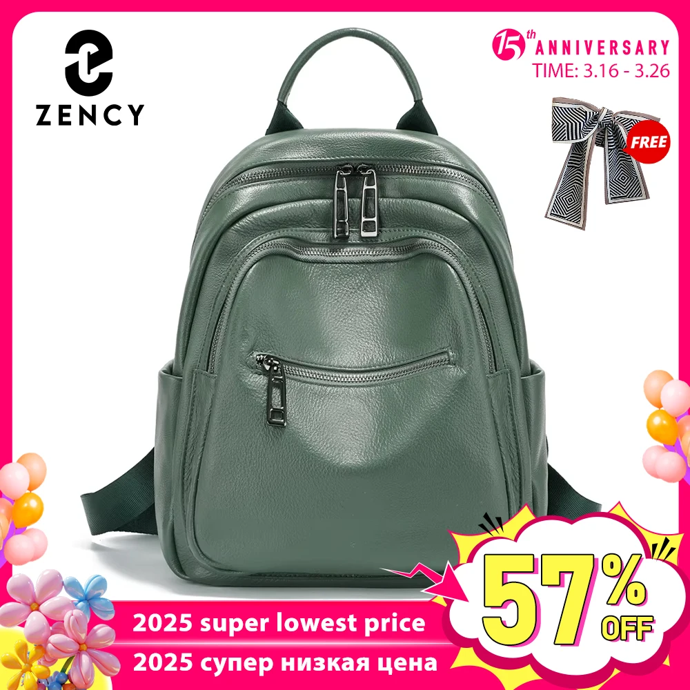 Mochila Zency de cuero genuino verde oscuro para mujer, mochila de viaje de gran capacidad, mochila para mujer, mochila escolar 2025