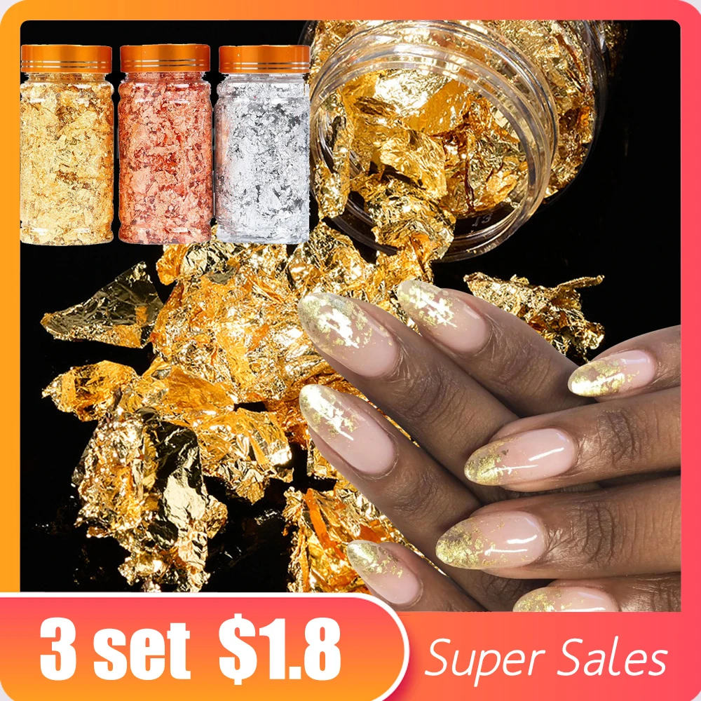 

Gilding Nail Flakes Set 3 Bottles Metallic Nail Foil Flakes Painting Art/Crafts Golden Irregular Shiny Sticker Nails Decor Scrap