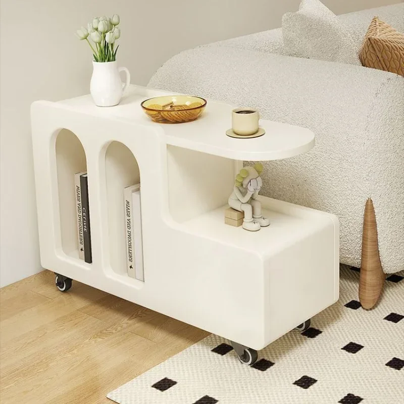 Carrito de mesa lateral móvil, mueble de estilo Crema para sofá, mesa de centro con estante de almacenamiento, armario lateral para dormitorio y