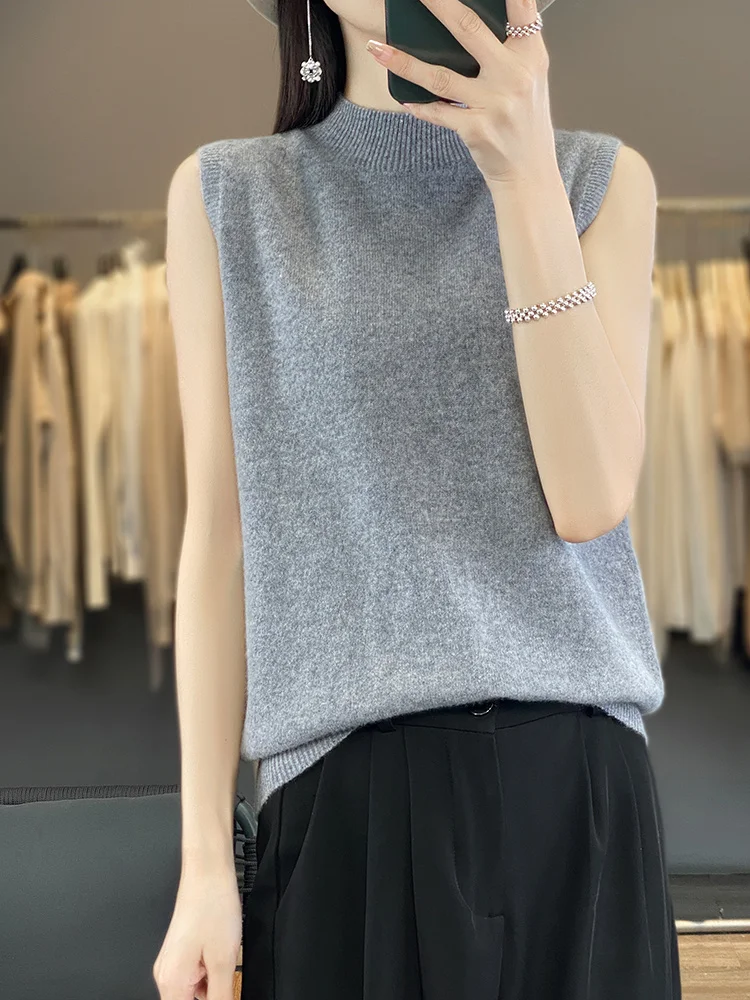 

Women Pullover Waistcoat 100% Merino Wool Sleeveless Sweater Mock Neck Sleeveless Knitwear Basic Casual Tops Solid Color Tops