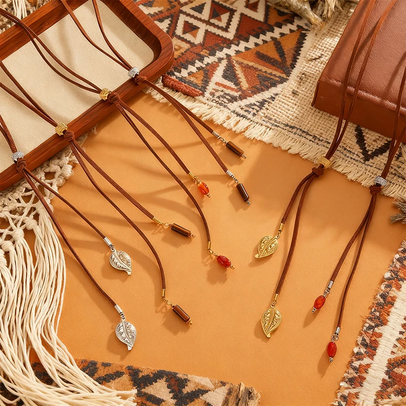 Letdiffery Leaf Adjustable Cord Necklace Stainless Steel Simple Bohemia Beads Tassel Sexy Handmade Pendant Jewelry for Women