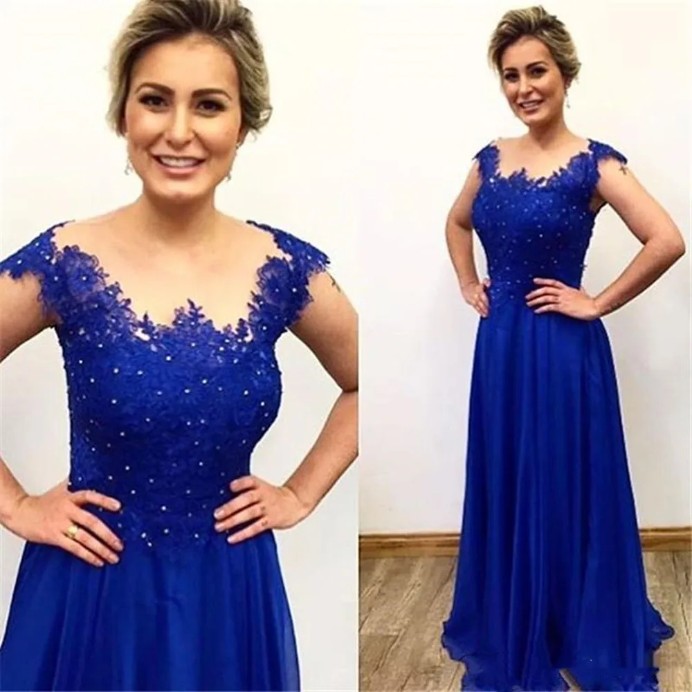 

2022 New Arrival Elegant Chiffon Sheath Royal Blue Bride Dresses Cap Sleeve Lace Floor Length Mother's Evening Dresses