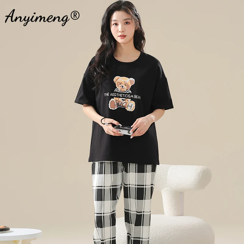 Cute Plus Size 2 Piece Set Women 4XL 5XL Summer Short Sleeve Long Pants Pajamas for Woman Cartoon Sleepwear Girl Cotton Pijamas